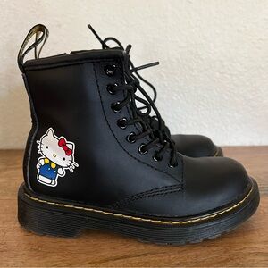 Dr. Martens Kids Black Leather Boots with Hello Kitty Patch